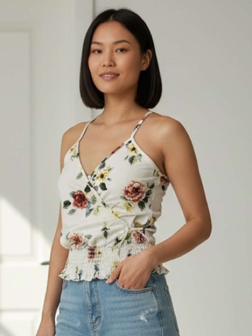 Floral Smocked Wrap Tank Top - White Floral Size Small